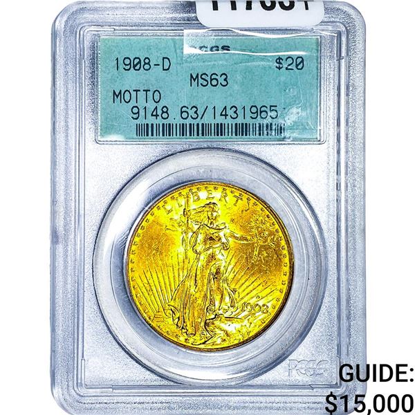 1908-D $20 Gold Double Eagle PCGS MS63 Motto