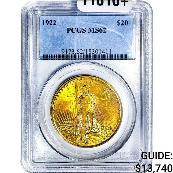 1922 $20 Gold Double Eagle PCGS MS62