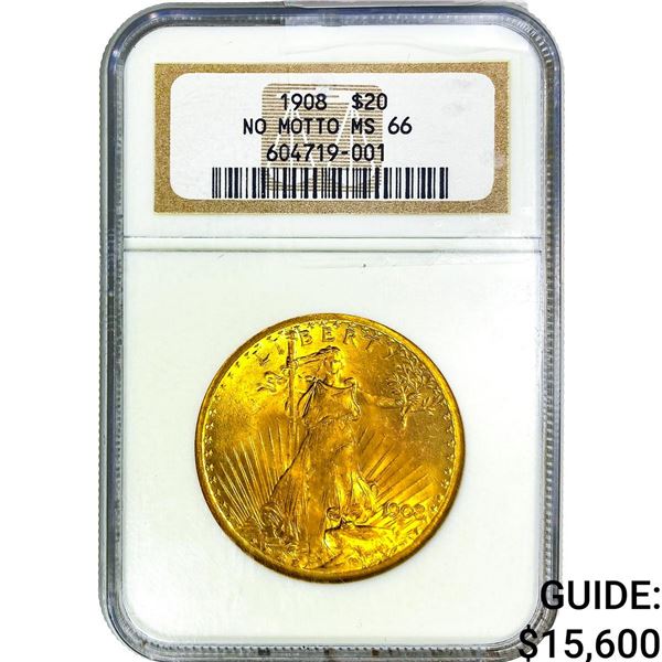 1908 $20 Gold Double Eagle NGC MS66 No Motto
