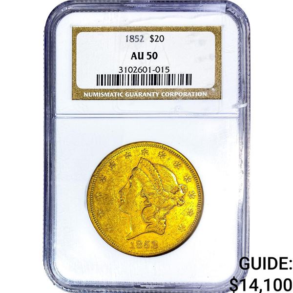 1852 $20 Gold Double Eagle NGC AU50