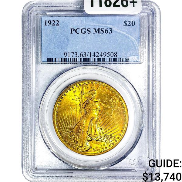 1922 $20 Gold Double Eagle PCGS MS63