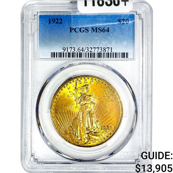 1922 $20 Gold Double Eagle PCGS MS64
