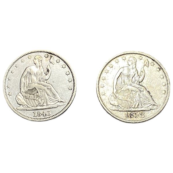 [2 Coins] 1843-1858 Seated Liberty Half Dollar