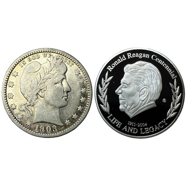 [2 Coins] 1903-2004 Barber 25C & Ronald Reagan Coins