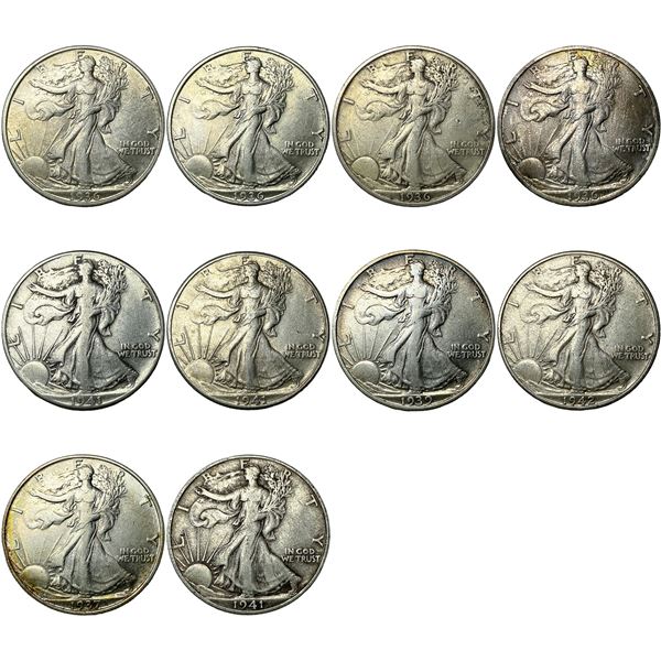 [10 Coins] 1936-1942 Walking Liberty Half Dollar