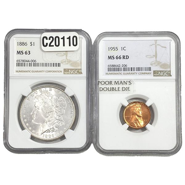 [2 CoinS] 1886-1955 Morgan $1 & Lincoln Wheat 1C