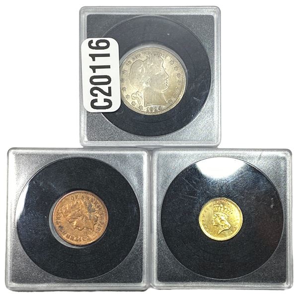 [3 Coins] 1873-1914 Barber 25C, IH 1C, Gold $1