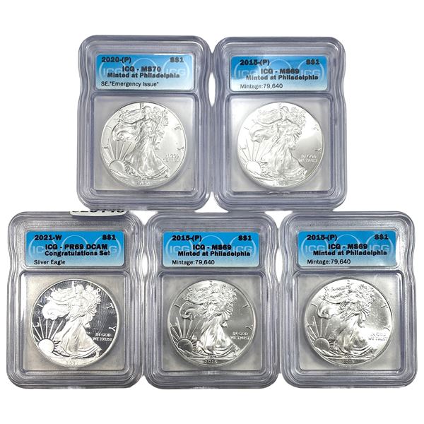 [5 Coins] 2015-2021 Silver Eagle ICG MS/PR69-70
