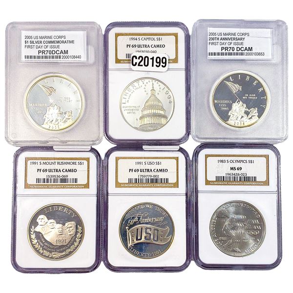 [6 Coins] 1983-2005 Proof $1s Commemoratives PCC/NGC PF/MS69-70