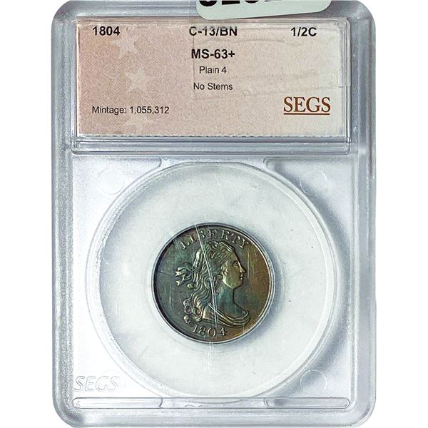 1804 Half Cent C-13/BN Plain 4/No Stems SEGS MS63+