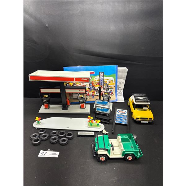 Vintage Playmobil Esso Gas Station + Vehicles