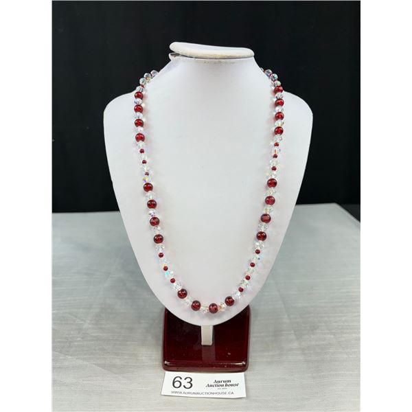 Vintage Red and Clear Glass Bead Necklace w/ Decorative Freshook Rhinestone Filigree Clasp 24" Long
