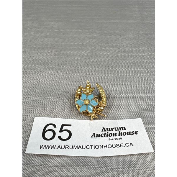Vintage Floral Horseshoe Brooch w/ Blue Enamel Flower Gold Tone Unmarked