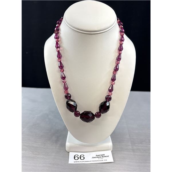 Vintage Amethyst Purple Bead Necklace 19" Long w/ Silvertone Fishhook Filigree Clasp