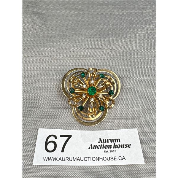 Vintage Mid Century Modern Gold Tone Brooch w/ Emerald Green and Clear Rhinestone 1950-60s