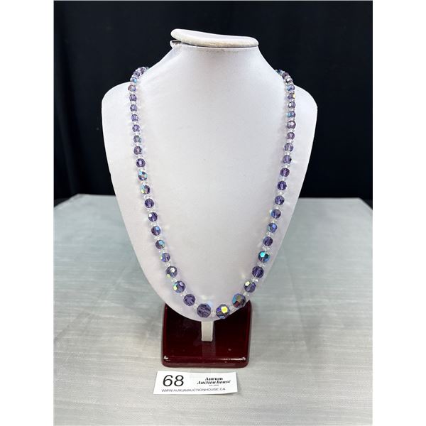 Vintage Purple and Clear Faceted Crystal Glass Beads Necklace w/ a Marked Sterling Silver Clasp 26" 