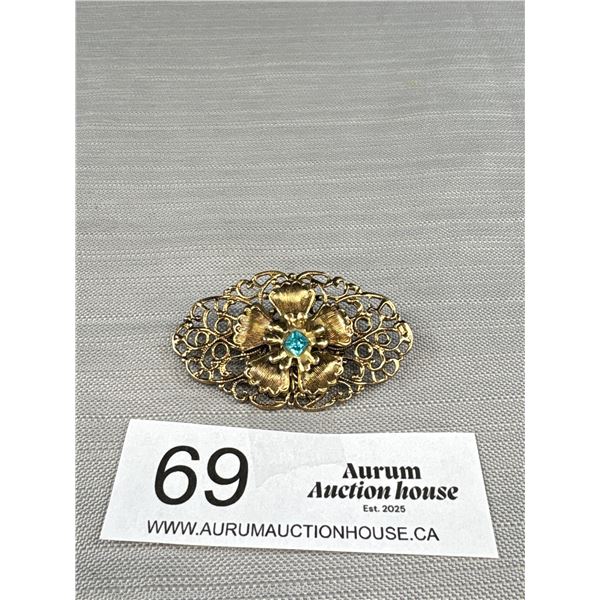 Vintage Filgree Brooch w/ Blue Gemstone Gold Tone 1930-50 Unmarked