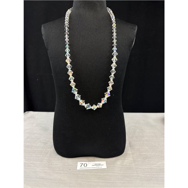 Vintage Auto Borealis 25" Long Rainbow Cat Glass Faceted Long Strand Necklace w/ Silver Tone Fishhoo