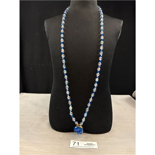 Vintage Blue and Clear Aurora Borealis Glass Beaded Necklace w/ A Cluster Beads Pendant