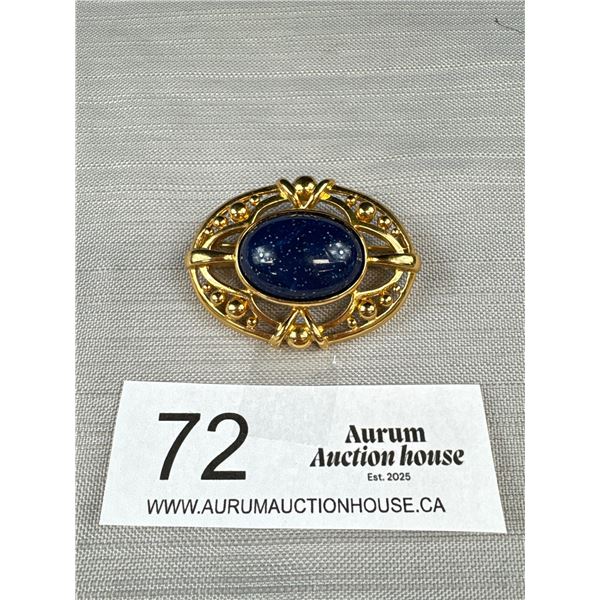 Vintage Gold Tone Brooch w/ Navy Blue and White Flecked Coloured Gemstone