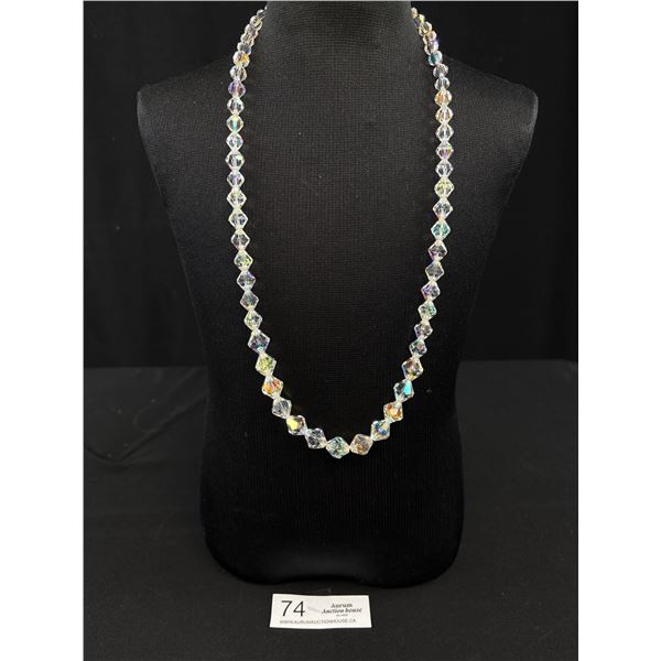 Vintage 1950 Aurora Borealis Crystal Necklace w/ a Rhinestone Barrel Magnetic Clasp 26" Long