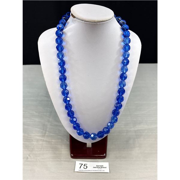 Vintage Sparkling Blue - Glass Bead Necklace w/ Silvertone Fishhook Filigree Clasp