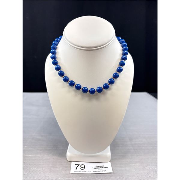 Vintage Blue Beaded Choker w/ Gold Accents w/ Blue Barrell Screw Clasp 14" Long