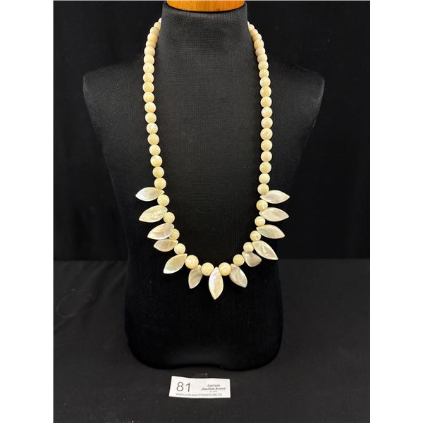 Vintage 1950s Hobe Mother of Pearl Leaf Shaped and Smooth Bead Necklace 24" Long