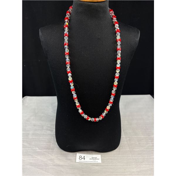 Vintage 26" Long Festive Style Candy Cane-Faceted Clear and Red Beads w/ A Silver Tone Fishhook Fili