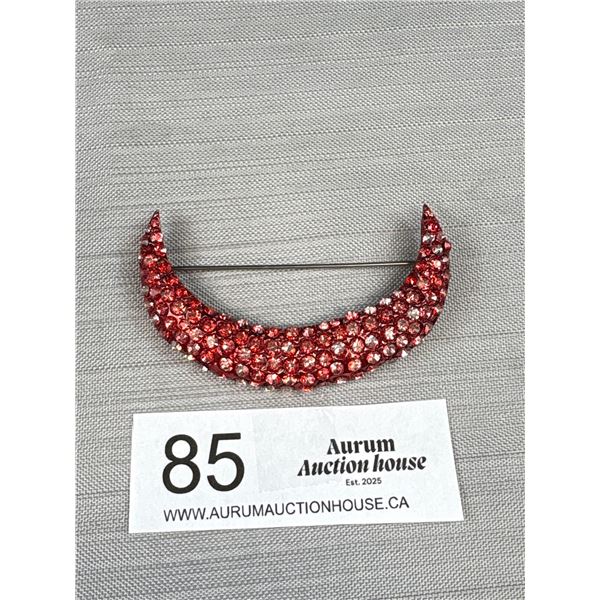 Antique Victorian Crecesent Moon Ruby Red Stones Brooch on a Silvertone Metal Backing