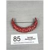 Image 1 : Antique Victorian Crecesent Moon Ruby Red Stones Brooch on a Silvertone Metal Backing