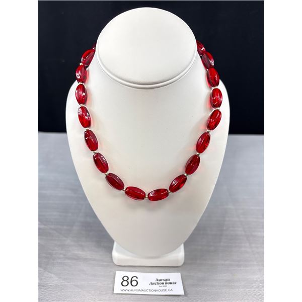 Vintage Red Bochemian Gold Tone Necklace w/ Barrel Magnetic 18" Long Clasp