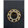 Image 2 : 1960s-70s Vintage Blue Rhinestone Curb LMK Circle Brooch Textured Gold Tone