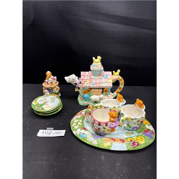 Vintage Collectible Lot Ceramic Teddy Bear, Teacups and Saucers, + A Teapot