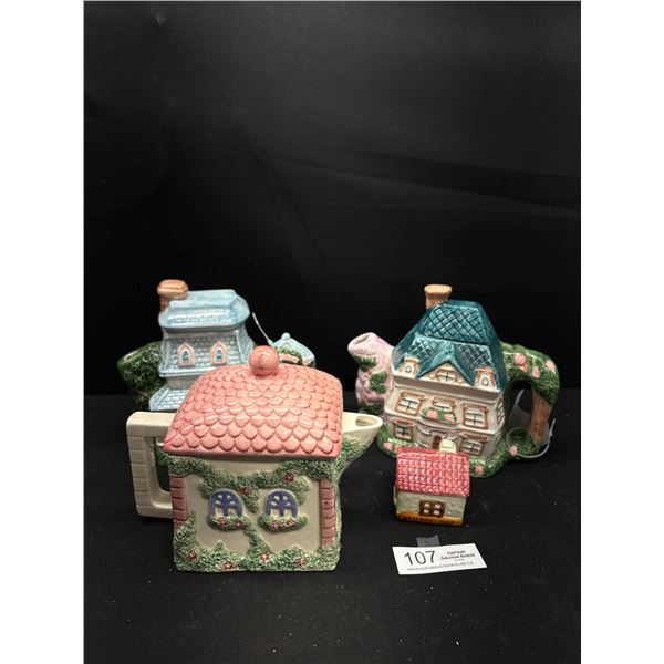 Lot of 3 Village Teapots and Small Village Shop