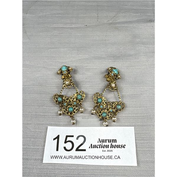 Very Nice Pair of Faux Pearl + Turqouise Earrings 1940