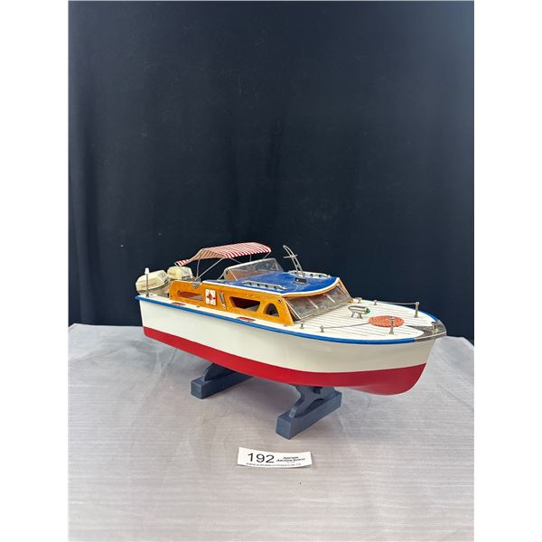 Vintage 18" Long Langcraft Model Boat with 2 Motors Excellent Condition on Stand