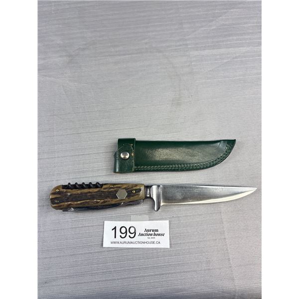 Vintage Stag Handle Knife with Sheath Puma? 800 Silver Tag on Side