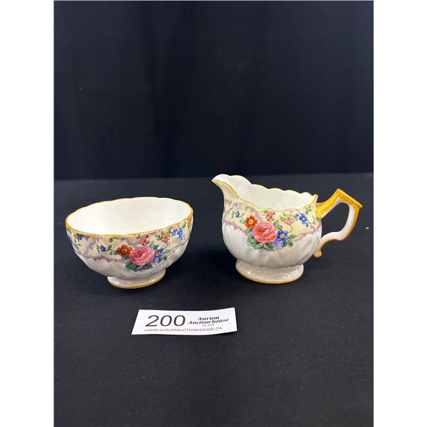 Very Nice Vintage Bone China Aynsley Cream and Sugar Set Yellow Band with Pink Roses and Wildflower 