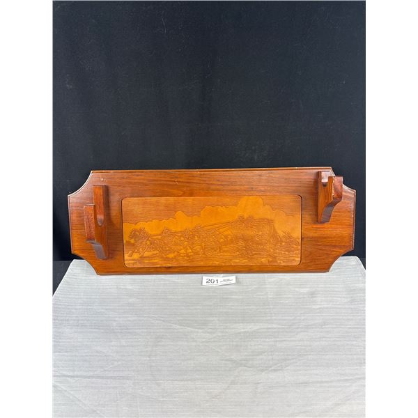 Very Nice Winchester Wall Rifle Rack with Leather Engraved Artwork Stage Coach 24" Wide