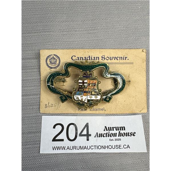 Very Nice 1910-20 Enamel Brooch Canadian Souviner 2 1/4" Wide on Card