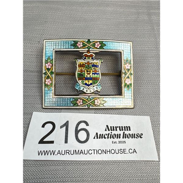 Antique Canada Enamel Sterling Silver Brooch 2 1/4" Wide