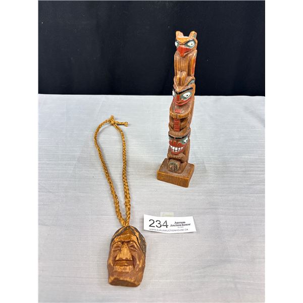Vintage Native Lot Carved Head on Rope Necklace and 9" Tall Totem Pole
