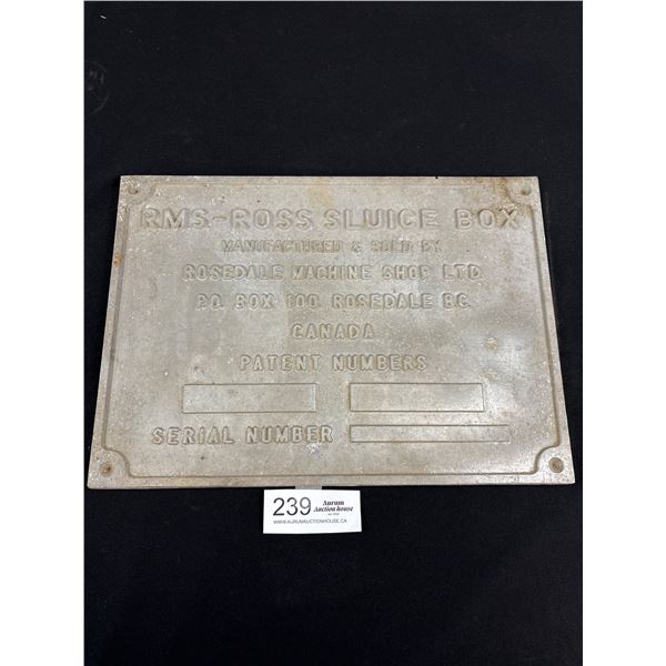 Vintage 14" x 10" Cast RMS Ross Sluice Box Machine Plate From Rosedale Machine Shop BC