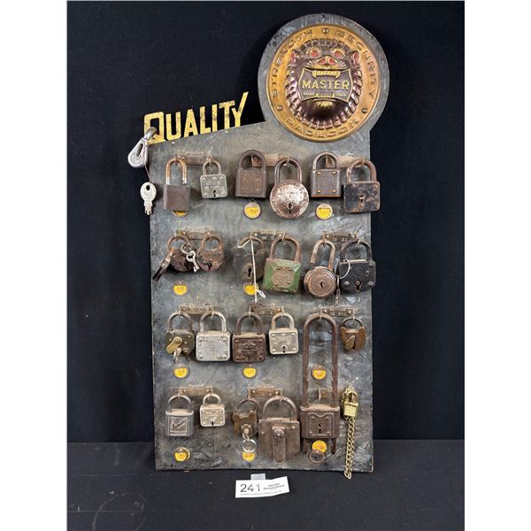 Very Cool Vintage Master Lock Padlock Display 23" Tall Full of Locks Some with Keys