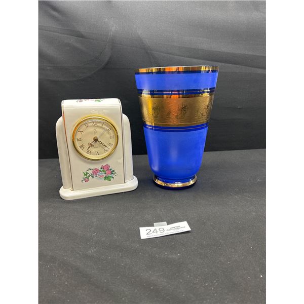 Limited Edition Porcelain Mantle Clock and 9.5" Tall Glass Vase with Gold Trim and Artwork
