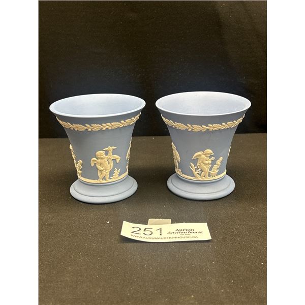 2 Vintage 3.5" Tall Blue with White Detail Wedgewood Vases