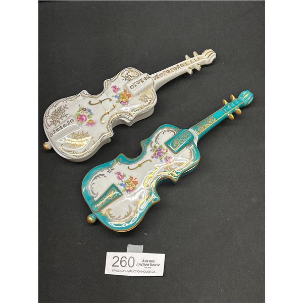 2 Very Collectible Late 19th Century Porcelain Guitar Shaped Trinket Box Limoges France