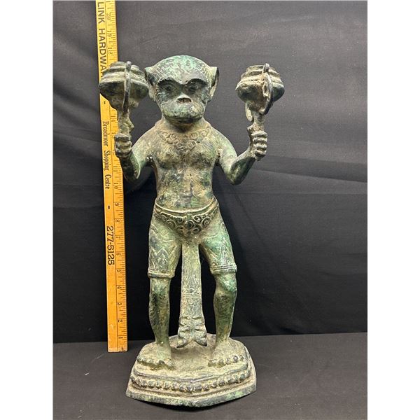 Vintage 17" Tall Cast Metal Mythical Ape-Like Candle Stick Holder with Nice Green Petina