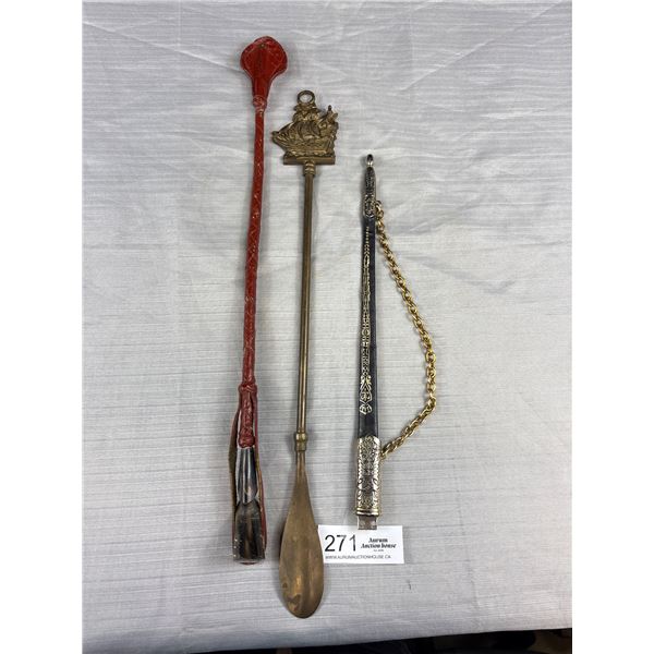 Lot of 3 Vintage Items Brass Shoehorn and 2 Small Swords with Sheaths 1 Missing Handle